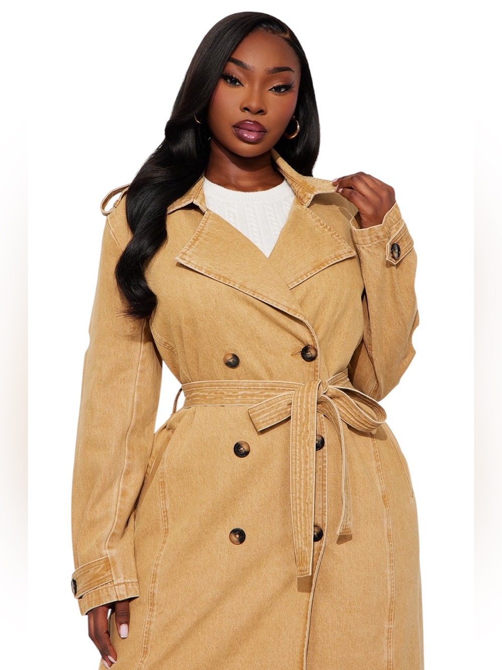 Fashion Nova Camel Denim Double-Breasted Light Trench Coat Jacket Khaki Women XL